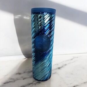 Starbucks‎ Blue Swirl Metallic Tumbler Cold Cup Stainless Steel Travel Mug 24oz
